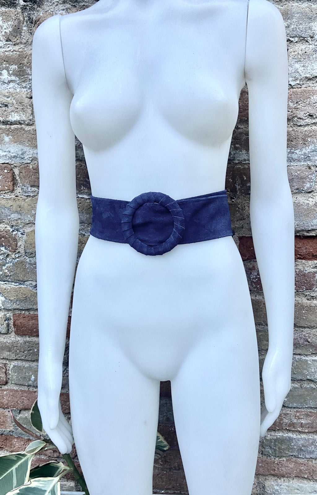 Navy blue suede waist belt with large round buckle. Boho soft suede belt in dark blue. Genuine natural navy blue suede leather