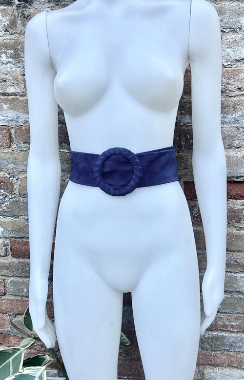 Navy blue suede waist belt with large round buckle. Boho soft suede belt in dark blue. Genuine natural navy blue suede leather