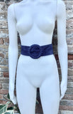 Navy blue suede waist belt with large round buckle. Boho soft suede belt in dark blue. Genuine natural navy blue suede leather