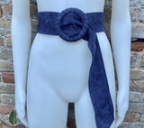 Navy blue suede waist belt with large round buckle. Boho soft suede belt in dark blue. Genuine natural navy blue suede leather