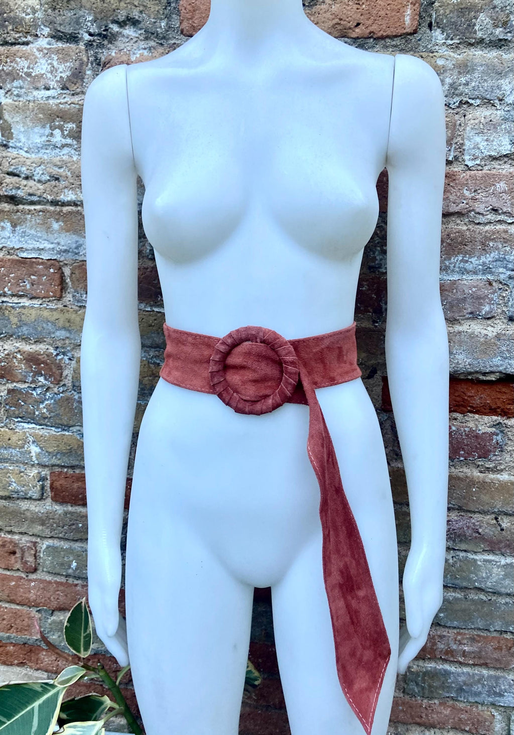 Terracotta orange wide suede waist belt. Large round buckle. Boho soft suede belt in burnt orange. Genuine suede leather. Orange dress belt