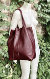 Tote leather bag in dark burgundy. Maroon leather shopper with zipper. GENUINE leather. Large wine red purse for your laptop, books...