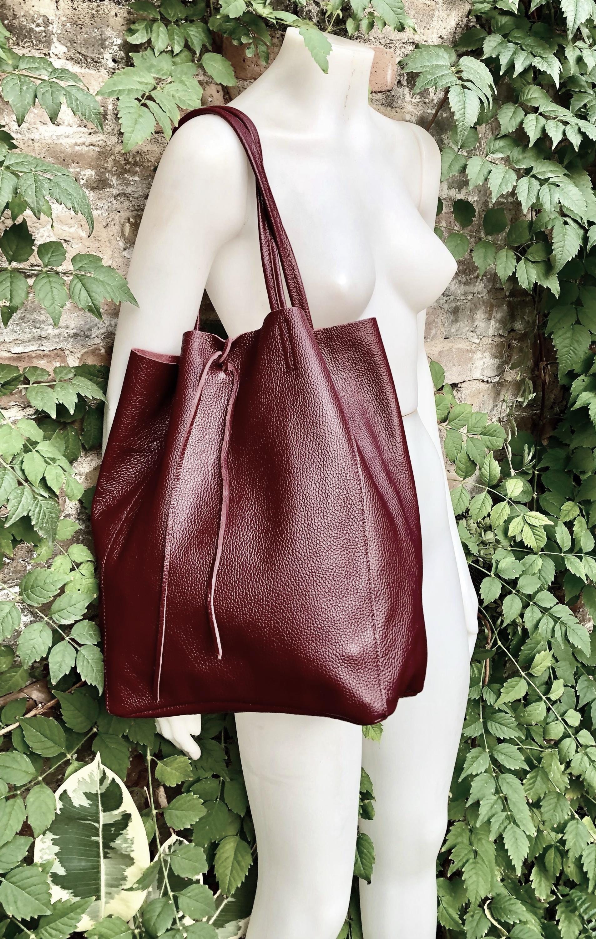 Tote leather bag in dark burgundy. Maroon leather shopper with zipper. GENUINE leather. Large wine red purse for your laptop, books...