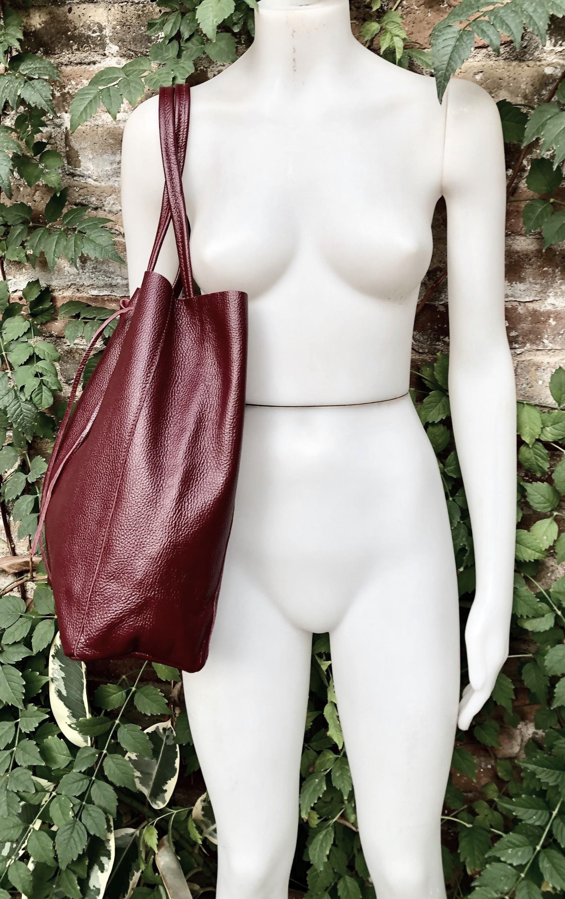 Tote leather bag in dark burgundy. Maroon leather shopper with zipper. GENUINE leather. Large wine red purse for your laptop, books...