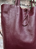 Tote leather bag in dark burgundy. Maroon leather shopper with zipper. GENUINE leather. Large wine red purse for your laptop, books...
