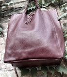 Tote leather bag in dark burgundy. Maroon leather shopper with zipper. GENUINE leather. Large wine red purse for your laptop, books...