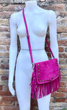 Hot pink crossbody fringed bag with tacks. BOHO fuchsia suede leather bag with FRINGES. Magenta genuine suede leather. Pink suede purse