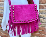 Hot pink crossbody fringed bag with tacks. BOHO fuchsia suede leather bag with FRINGES. Magenta genuine suede leather. Pink suede purse