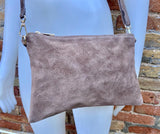 Taupe BROWN small suede leather bag. Crossbody / shoulder bag / wristlet in GENUINE leather. Light greyge brown bag. Flat tan brown purse.