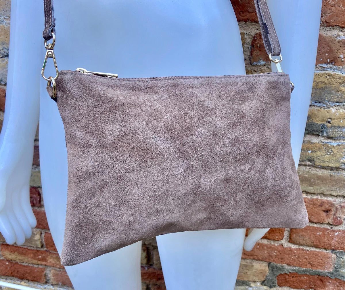 Taupe BROWN small suede leather bag. Crossbody / shoulder bag / wristlet in GENUINE leather. Light greyge brown bag. Flat tan brown purse.