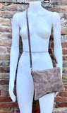 Taupe BROWN small suede leather bag. Crossbody / shoulder bag / wristlet in GENUINE leather. Light greyge brown bag. Flat tan brown purse.