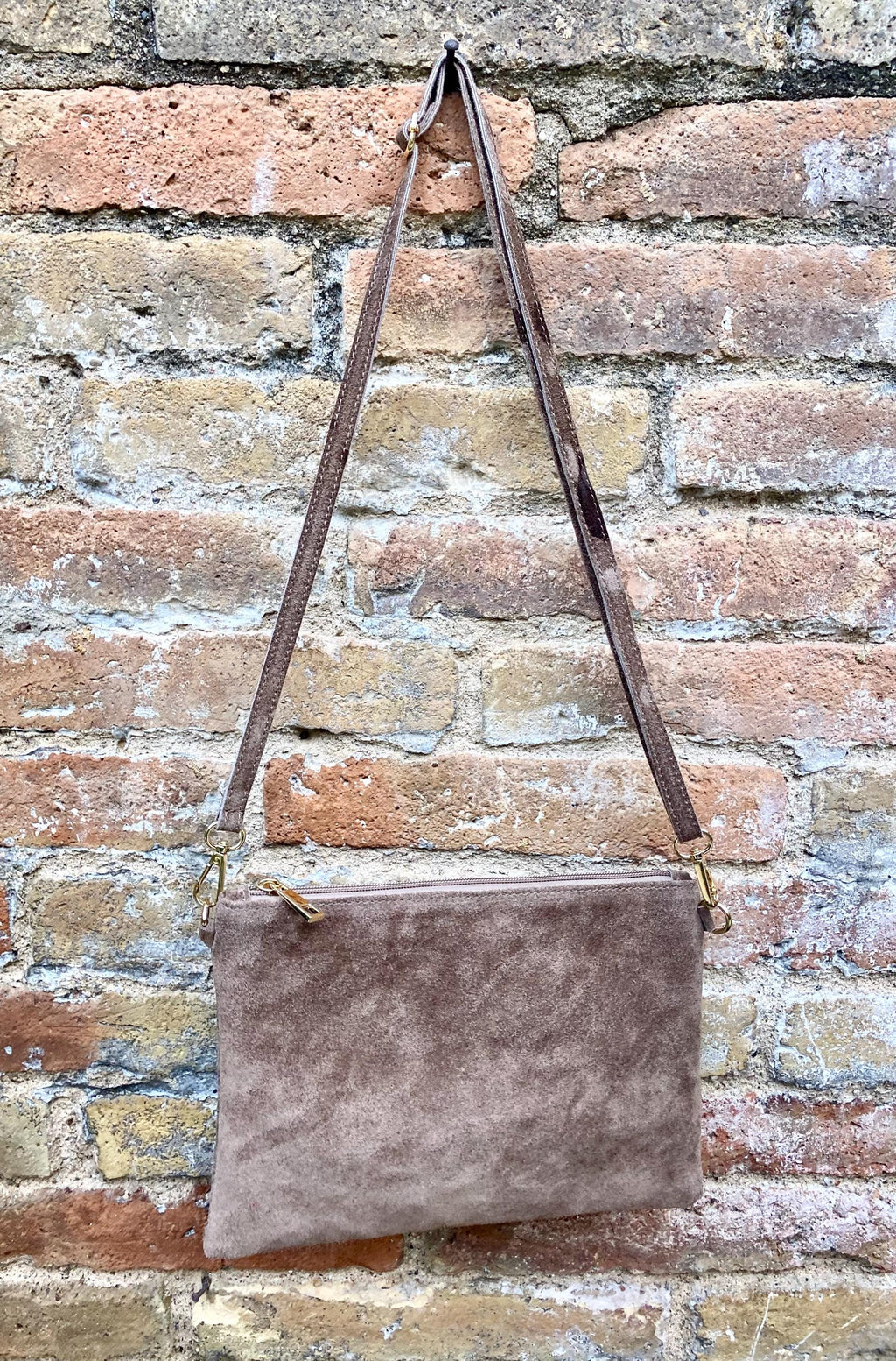 Taupe BROWN small suede leather bag. Crossbody / shoulder bag / wristlet in GENUINE leather. Light greyge brown bag. Flat tan brown purse.