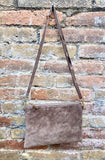 Taupe BROWN small suede leather bag. Crossbody / shoulder bag / wristlet in GENUINE leather. Light greyge brown bag. Flat tan brown purse.