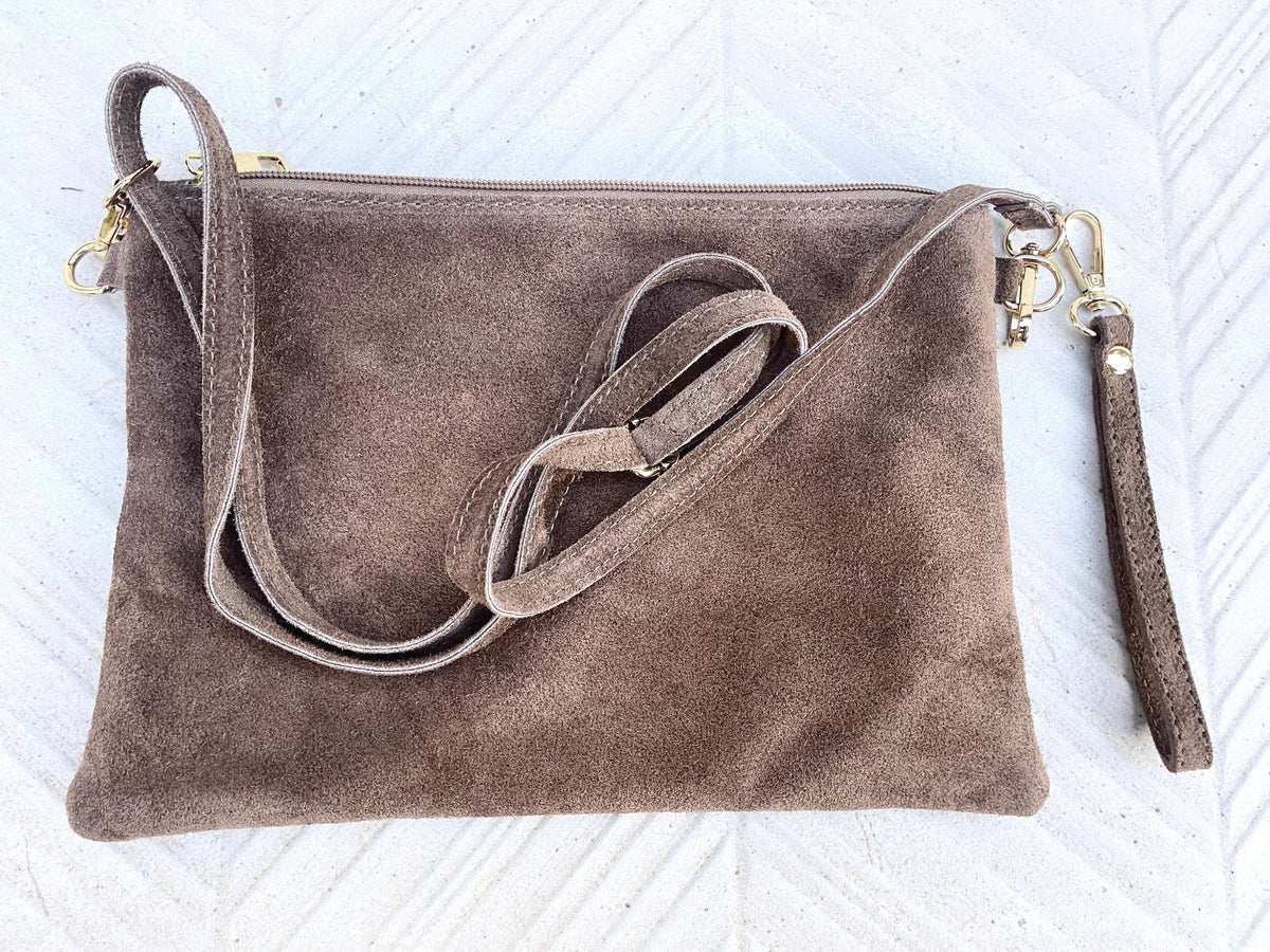 Taupe BROWN small suede leather bag. Crossbody / shoulder bag / wristlet in GENUINE leather. Light greyge brown bag. Flat tan brown purse.