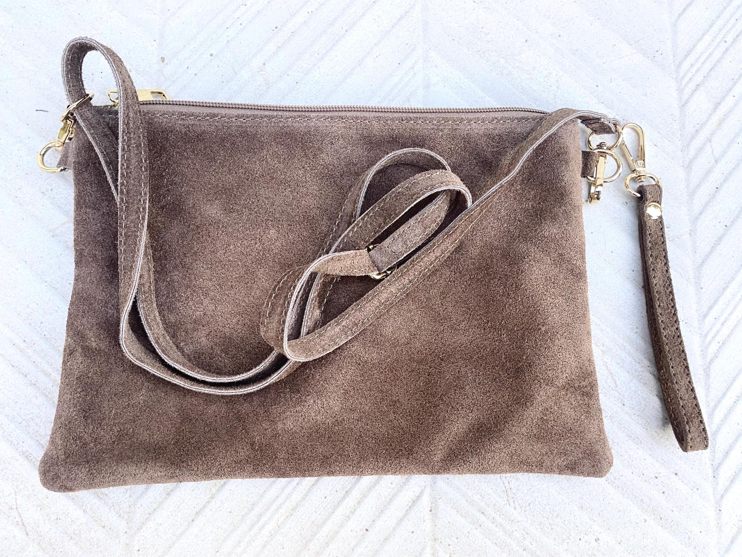 Taupe BROWN small suede leather bag. Crossbody / shoulder bag / wristlet in GENUINE leather. Light greyge brown bag. Flat tan brown purse.