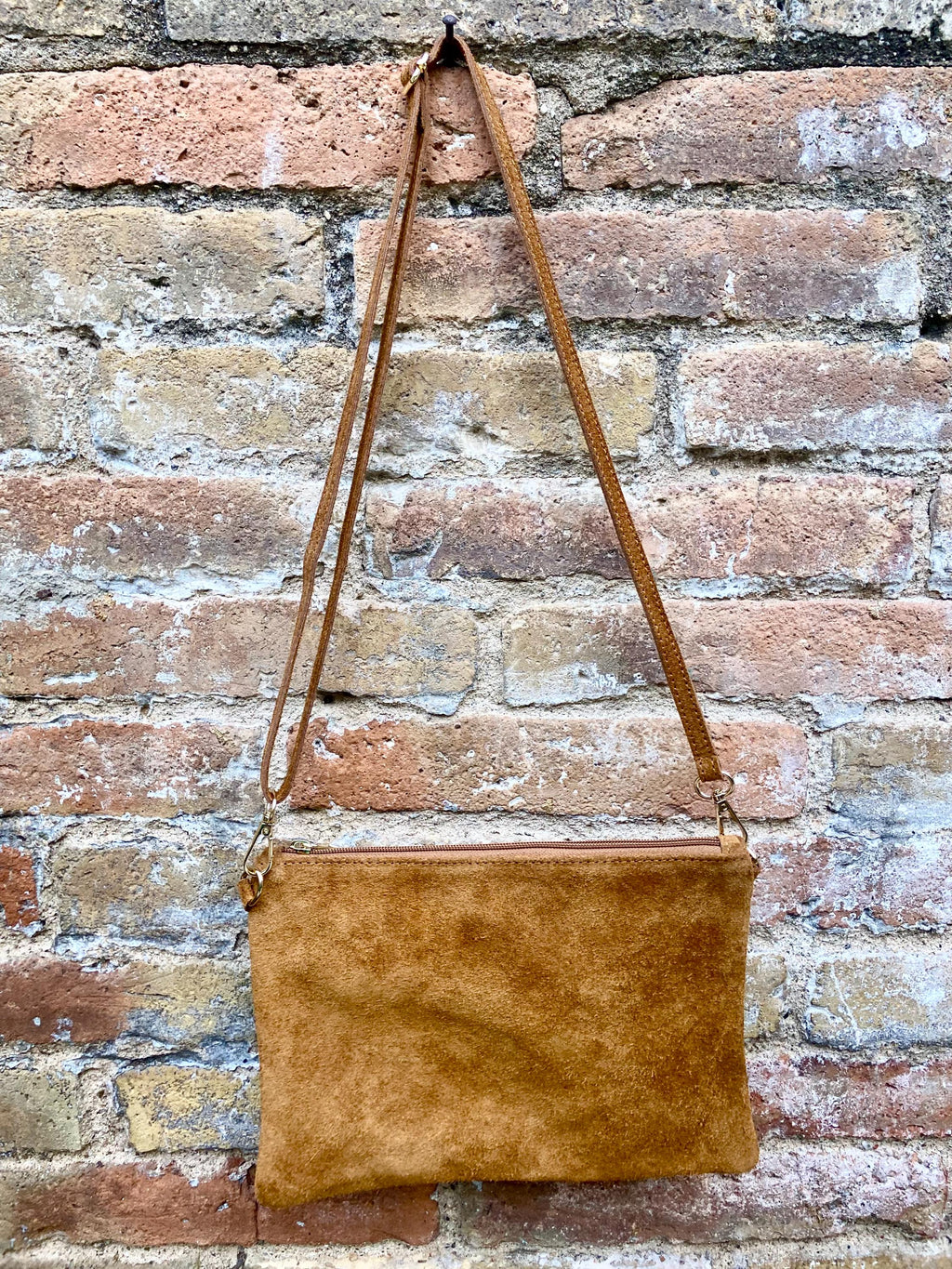Camel BROWN small suede leather bag. Crossbody / shoulder bag / wristlet in GENUINE leather. Tobacco brown bag. Flat tan brown purse.