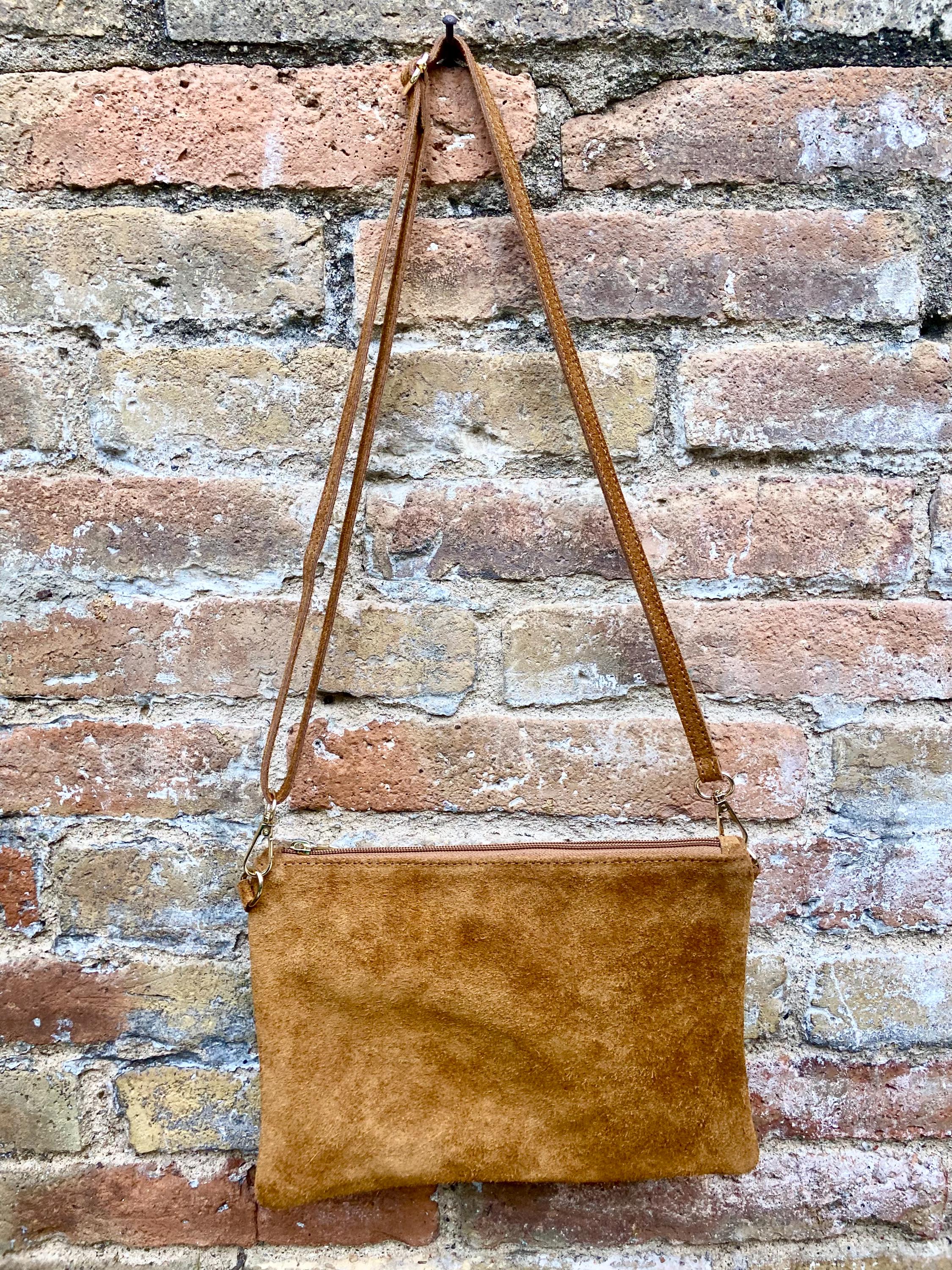 Camel BROWN small suede leather bag. Crossbody / shoulder bag / wristlet in GENUINE leather. Tobacco brown bag. Flat tan brown purse.