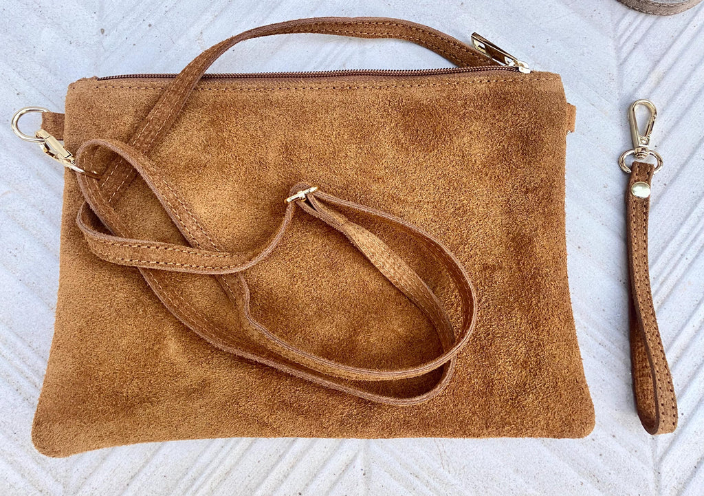 Camel BROWN small suede leather bag. Crossbody / shoulder bag / wristlet in GENUINE leather. Tobacco brown bag. Flat tan brown purse.
