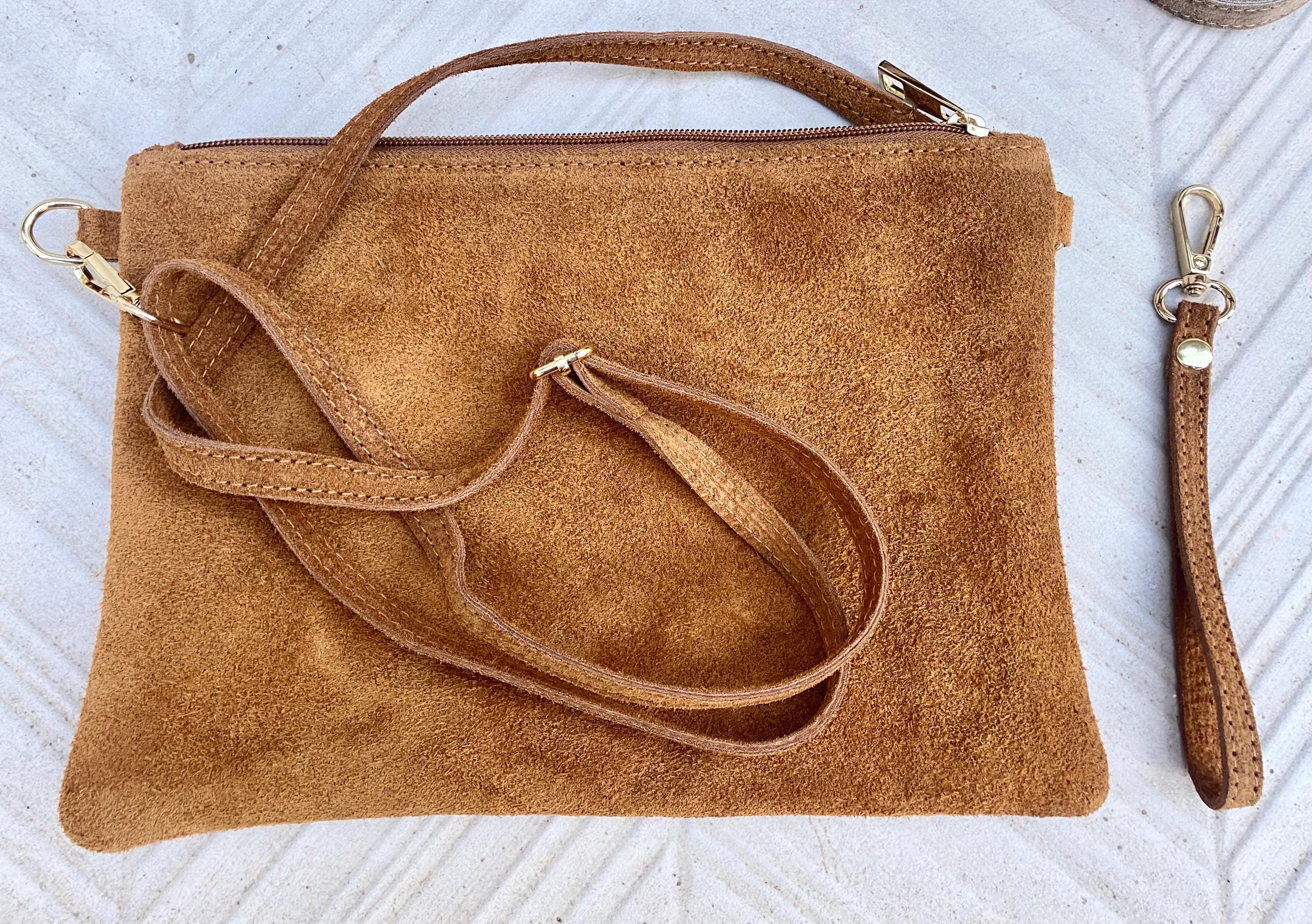 Camel BROWN small suede leather bag. Crossbody / shoulder bag / wristlet in GENUINE leather. Tobacco brown bag. Flat tan brown purse.