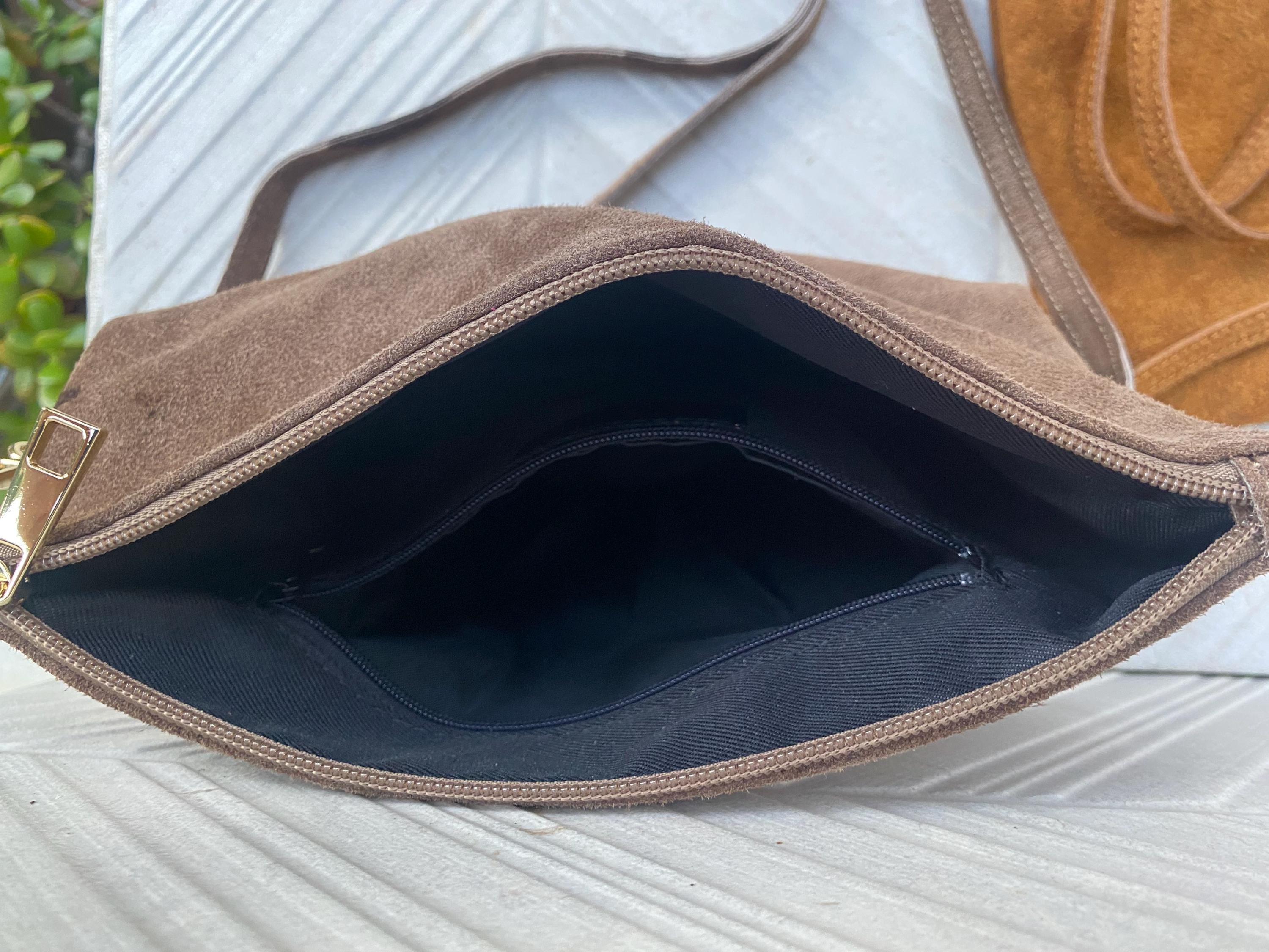 Camel BROWN small suede leather bag. Crossbody / shoulder bag / wristlet in GENUINE leather. Tobacco brown bag. Flat tan brown purse.