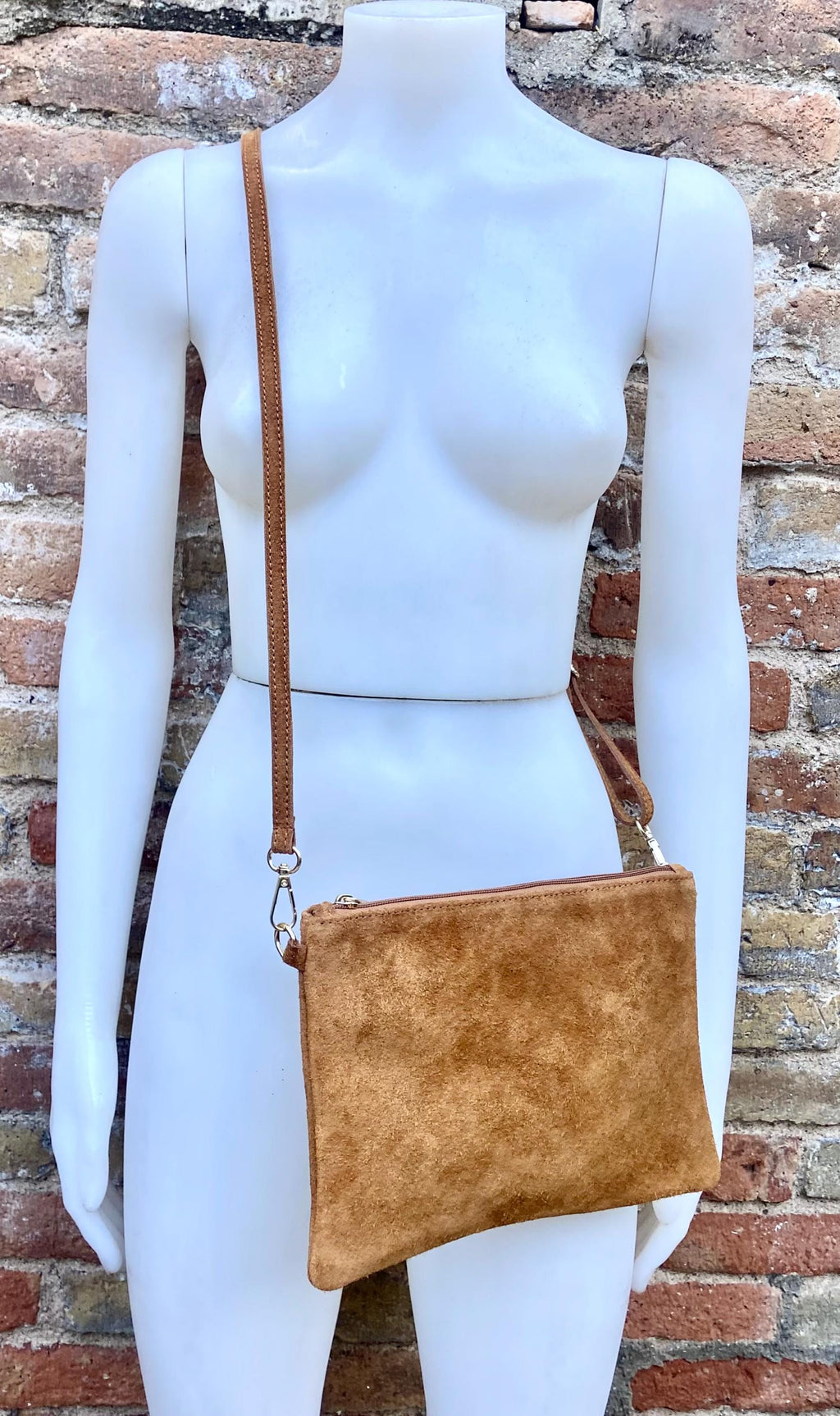 Camel BROWN small suede leather bag. Crossbody / shoulder bag / wristlet in GENUINE leather. Tobacco brown bag. Flat tan brown purse.