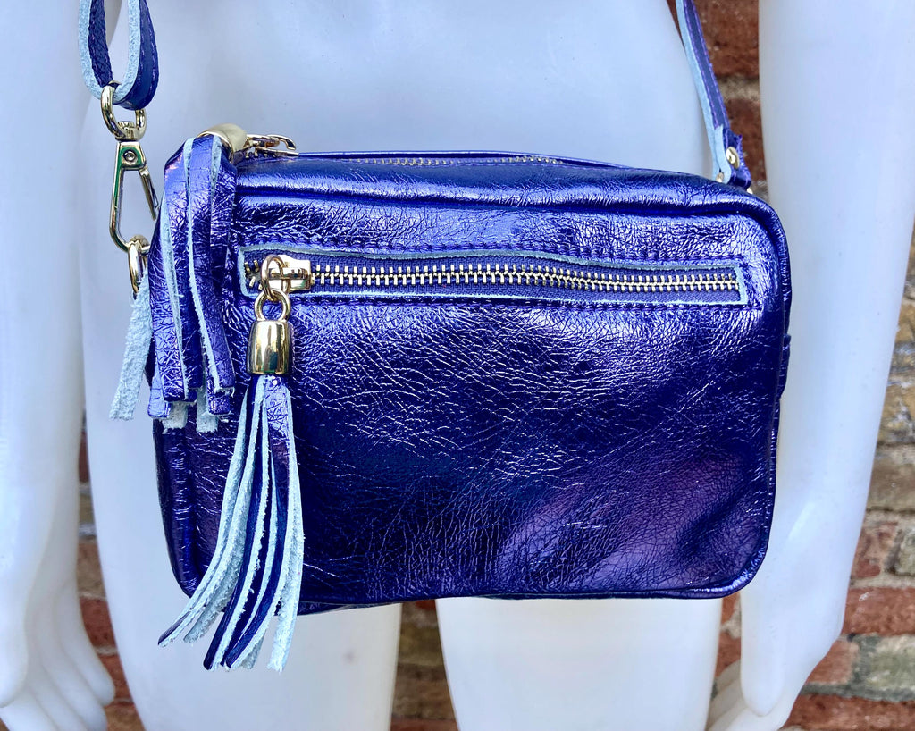 Metallic leather small purple bag. GENUINE leather shoulder / crossbody bag. Purple purse with adjustable strap + zipper. Purple party purse