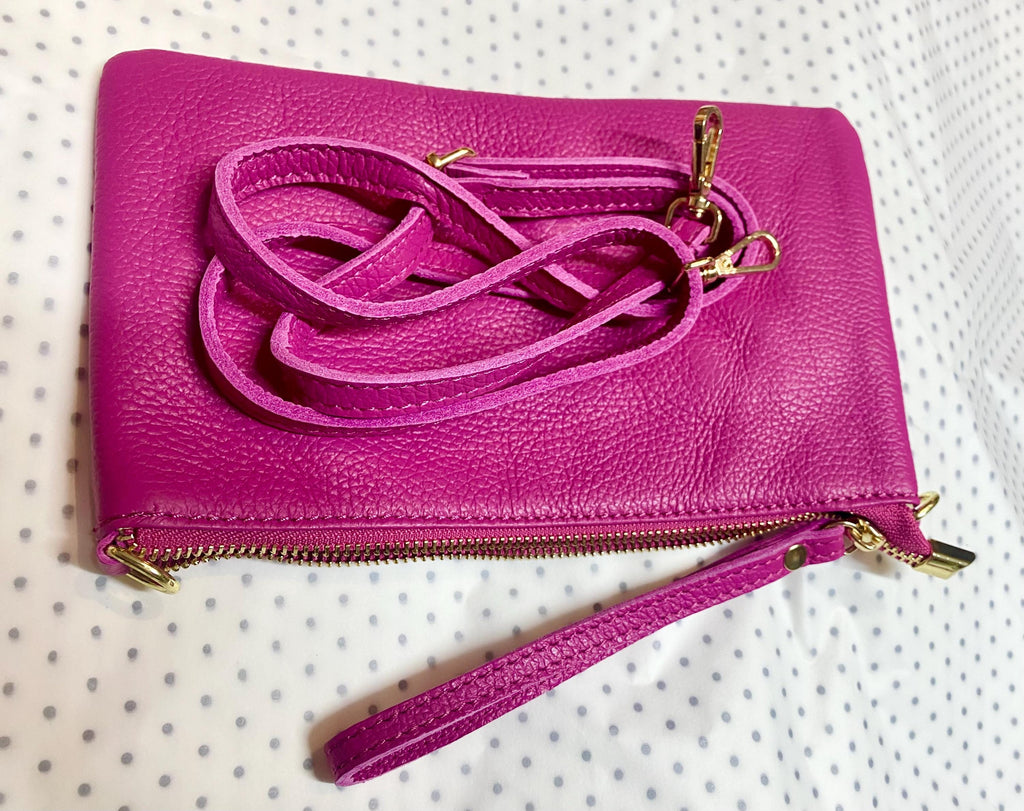 Small leather bag in Fuchsia pink. Cross body, shoulder bag or wristlet in GENUINE leather. Pink purse with adjustable strap. Soft leather.