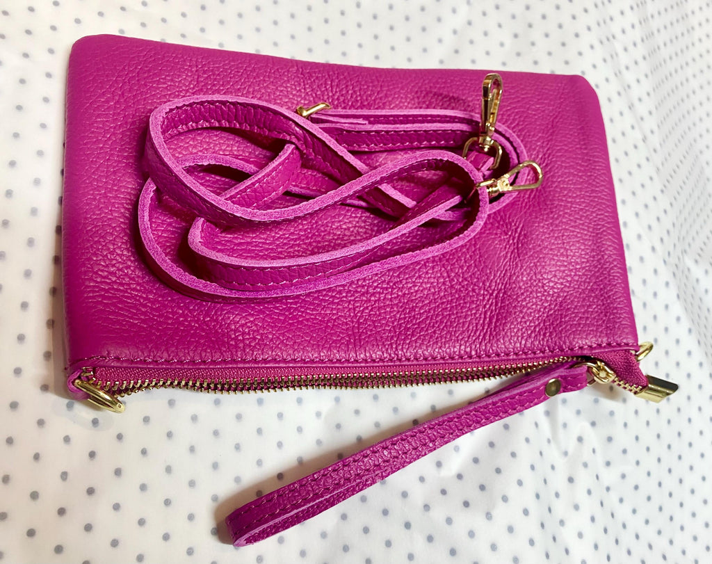 Small leather bag in Fuchsia pink. Cross body, shoulder bag or wristlet in GENUINE leather. Pink purse with adjustable strap. Soft leather.