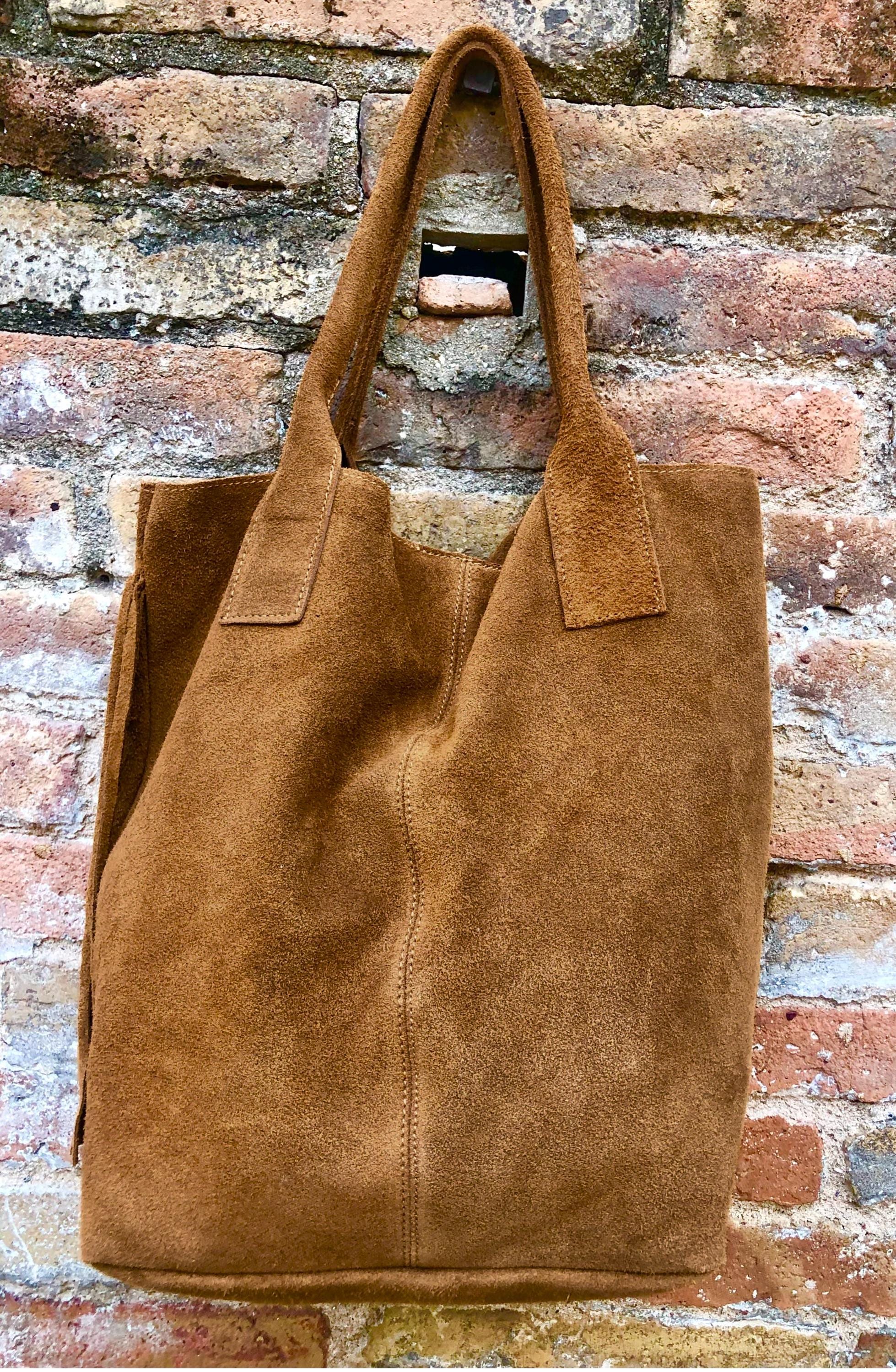 Dark camel brown fringed shopper bag.Genuine suede leather. Saddle brown tote bag for laptops, tablets, books. Brown leather purse + fringes
