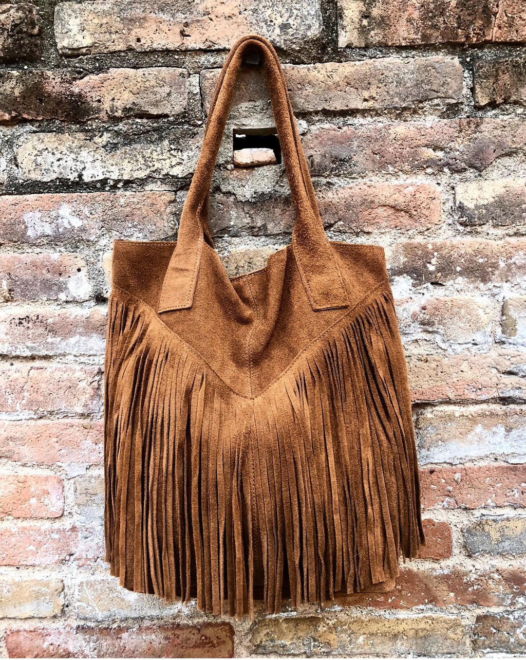 Dark camel brown fringed shopper bag.Genuine suede leather. Saddle brown tote bag for laptops, tablets, books. Brown leather purse + fringes