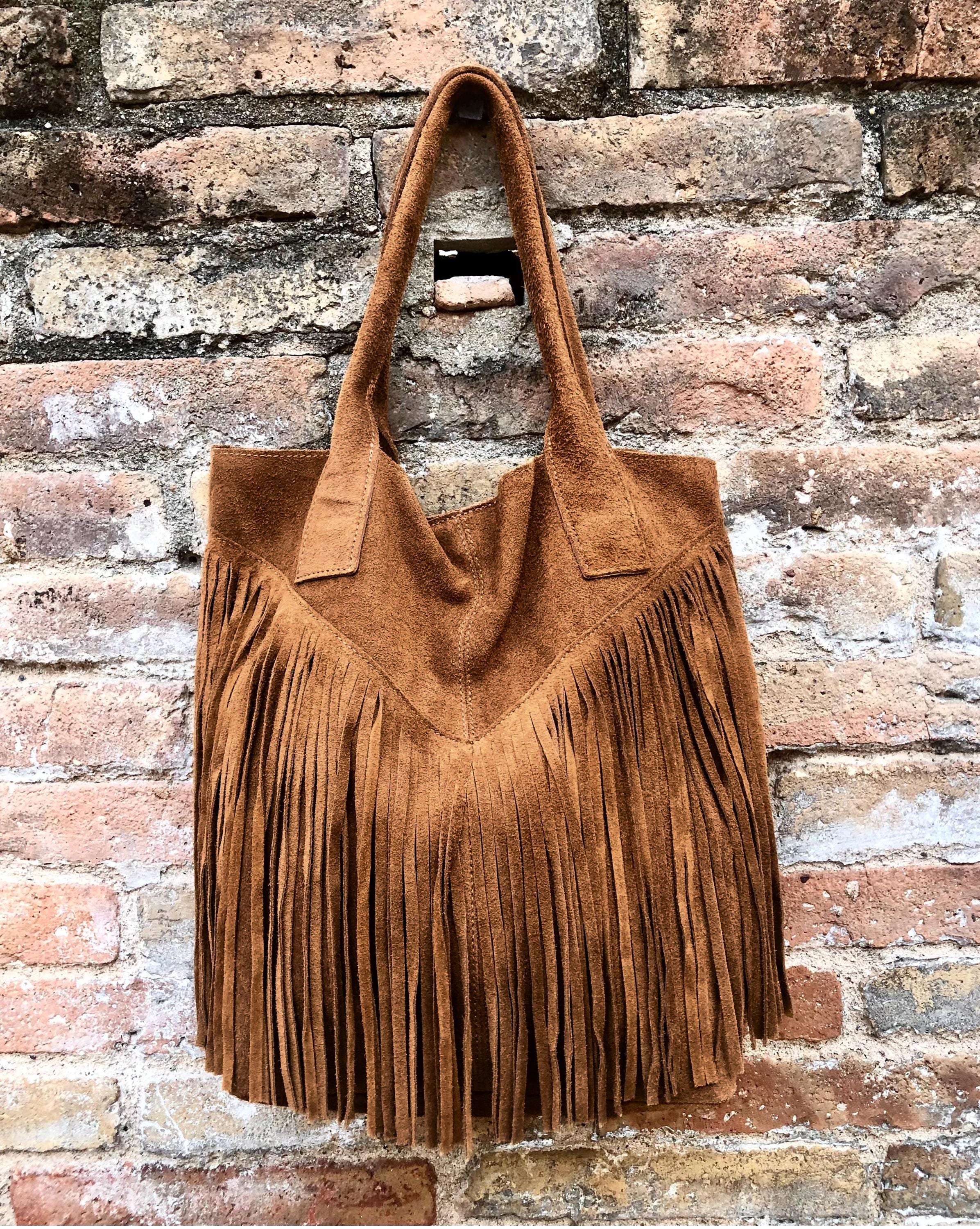 Dark camel brown fringed shopper bag.Genuine suede leather. Saddle brown tote bag for laptops, tablets, books. Brown leather purse + fringes