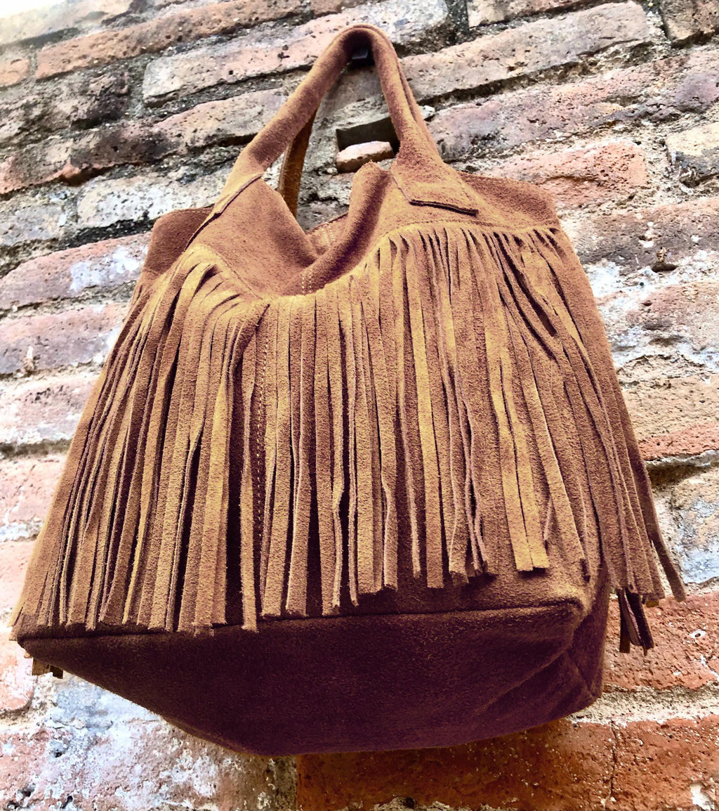 Dark brown fringed shopper bag. Genuine suede leather. Chocolate brown tote bag for laptops, tablets, books. Brown leather purse + fringes