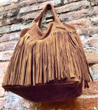 Dark camel brown fringed shopper bag.Genuine suede leather. Saddle brown tote bag for laptops, tablets, books. Brown leather purse + fringes