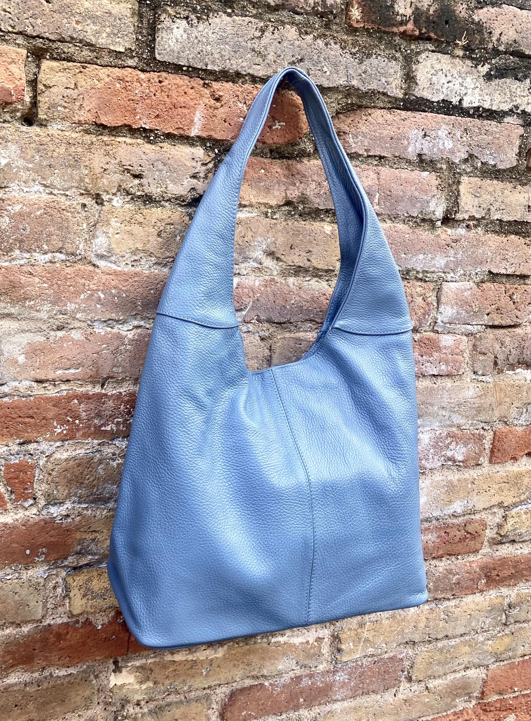 Blue genuine leather shoulder bag. Blue - gray slouchy bag. Wide strap, lined closed with a zipper. Denim blue leather shopper.