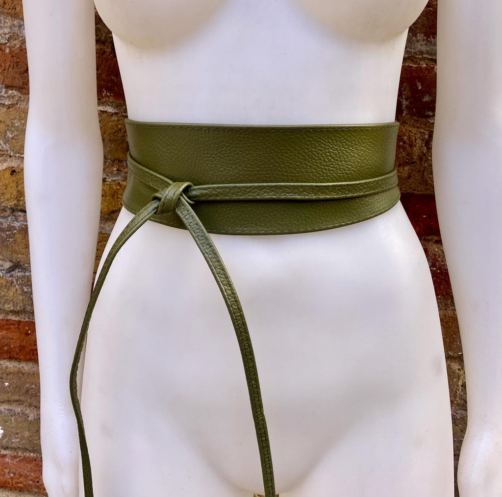 Khaki green leather belt. Green waist belt. Genuine leather wrap belt. Wide green obi belt. Green wraparound dress belt
