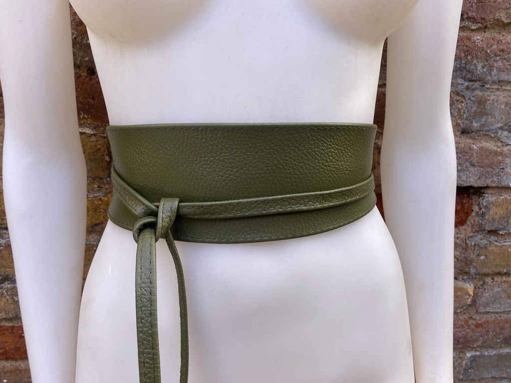 Khaki green leather belt. Green waist belt. Genuine leather wrap belt. Wide green obi belt. Green wraparound dress belt