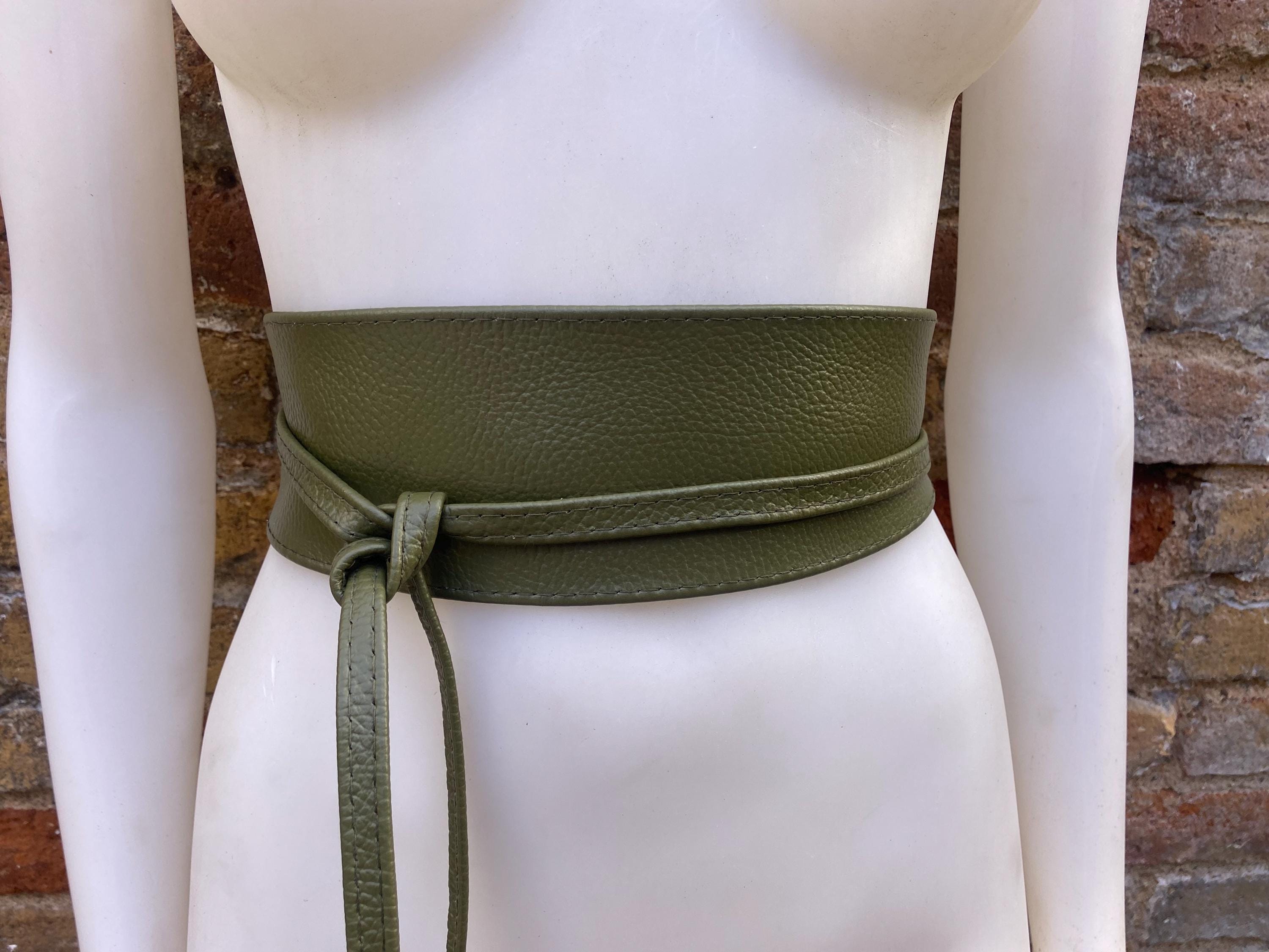 Khaki green leather belt. Green waist belt. Genuine leather wrap belt. Wide green obi belt. Green wraparound dress belt