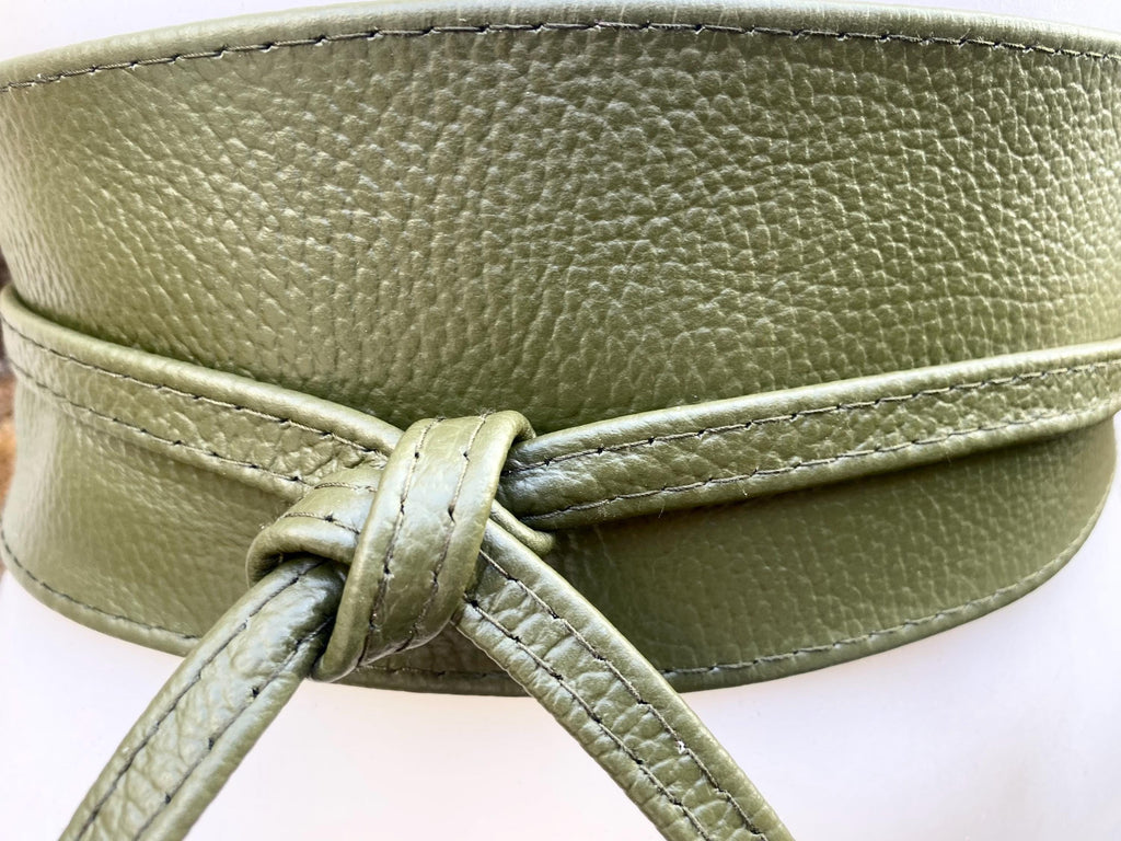 Khaki green leather belt. Green waist belt. Genuine leather wrap belt. Wide green obi belt. Green wraparound dress belt
