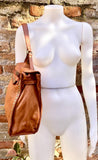CAMEL brown distressed leather shoulder / crossbody bag. Soft genuine leather shopper. Rusty brown boho hippy bag. Brown purse with 2 straps