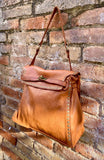 CAMEL brown distressed leather shoulder / crossbody bag. Soft genuine leather shopper. Rusty brown boho hippy bag. Brown purse with 2 straps