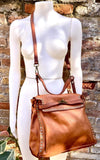 CAMEL brown distressed leather shoulder / crossbody bag. Soft genuine leather shopper. Rusty brown boho hippy bag. Brown purse with 2 straps