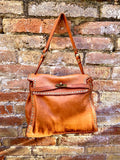 CAMEL brown distressed leather shoulder / crossbody bag. Soft genuine leather shopper. Rusty brown boho hippy bag. Brown purse with 2 straps