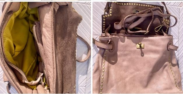 TAUPE brown distressed leather shoulder / crossbody bag. Soft genuine leather shopper. Light greyge brown boho - hippy purse with 2 straps