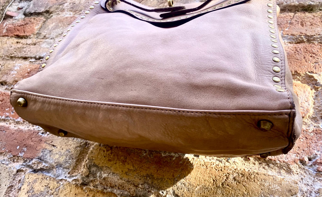 TAUPE brown distressed leather shoulder / crossbody bag. Soft genuine leather shopper. Light greyge brown boho - hippy purse with 2 straps