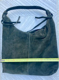 Slouch bag in dark green with and zipper. Genuine leather bag. Green color origami lined bag. Green suede purse. Wide strap shoulder bag.