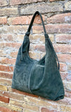 Slouch bag in dark green with and zipper. Genuine leather bag. Green color origami lined bag. Green suede purse. Wide strap shoulder bag.