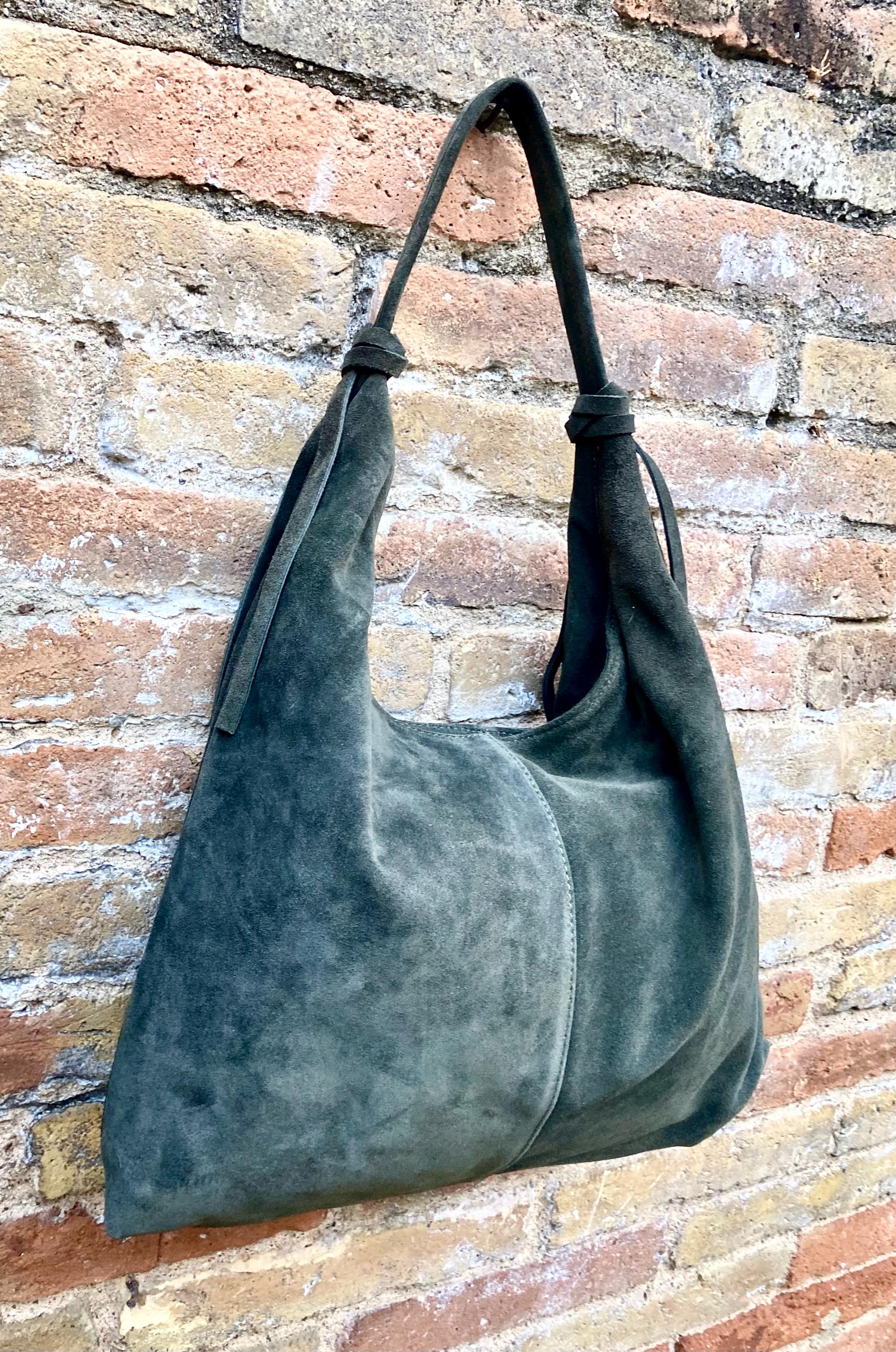 Slouch bag in dark green with and zipper. Genuine leather bag. Green color origami lined bag. Green suede purse. Wide strap shoulder bag.