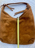 Slouch bag in camel brown with and zipper. Genuine leather bag. Light brown origami lined bag. Caramel suede purse. Wide strap shoulder bag.