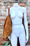 Slouch bag in camel brown with and zipper. Genuine leather bag. Light brown origami lined bag. Caramel suede purse. Wide strap shoulder bag.