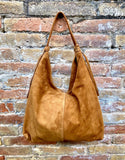 Slouch bag in camel brown with and zipper. Genuine leather bag. Light brown origami lined bag. Caramel suede purse. Wide strap shoulder bag.